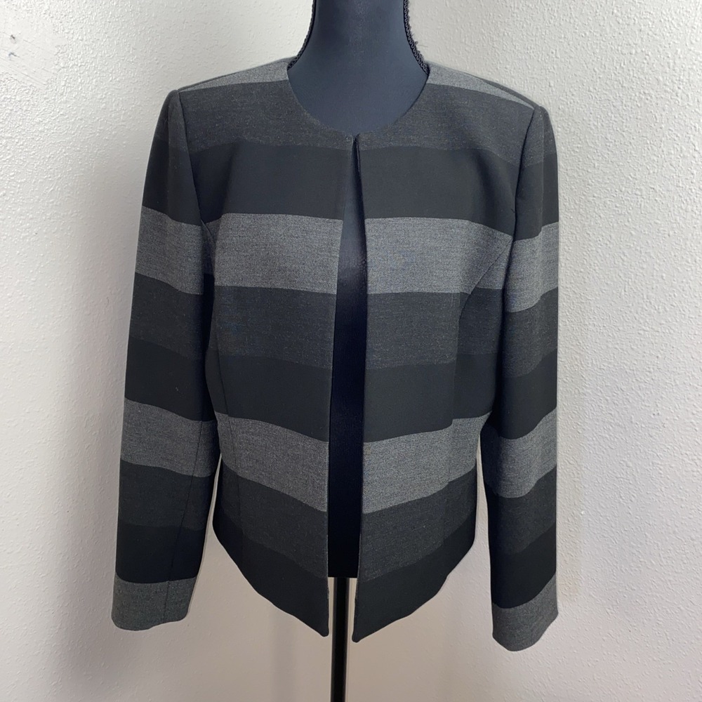 Tahari Open Front Blazer Women's 10 Black Gray Stripe Scoop Neck Business Classy